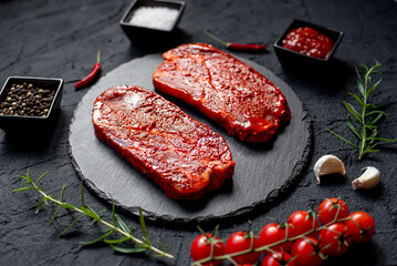 marinated raw pork steaks on stone background 