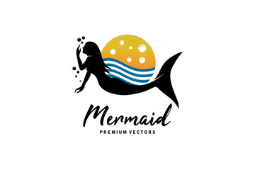 Mermaid logo design, beautiful fish woman silhouette against ocean background