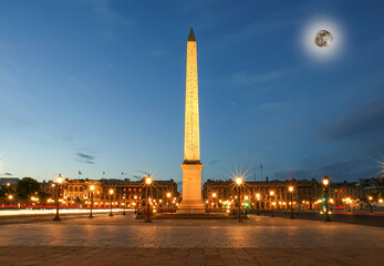 Place de la Concorde and  Obelisk of Luxor at Night (with the moon), Paris, France