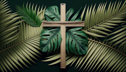 ﻿ AI generation: Palm sunday and easter celebrated with crosses and leaves of the palm plant. AI generation - obrazy, fototapety, plakaty