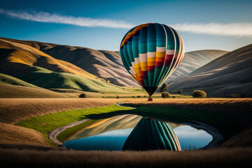 A colorful hot air balloon floating in the clear blue sky above rolling green hills. The balloon casts a shadow on the landscape below.
