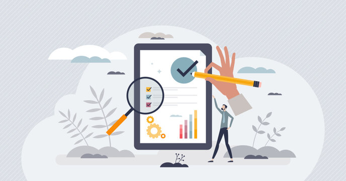 SEO checklist work or search engine optimization management tiny person concept. Effective website content marketing tool vector illustration. Web project analytics with report information diagrams.