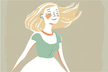 Happy woman. Young lady laughing. Cheerful vector illustration of positive person. Cartoon drawing of smiling women. Enjoying life. Positivity and success. Woman singing and having fun. Funny painting