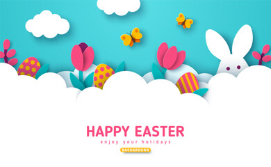Easter card, bunny rabbit, eggs flowers and butterfly in white clouds, spring border frame. Modern concept background. Vector illustration. Place for text. Hare head with ears, paper cut header. - obrazy, fototapety, plakaty