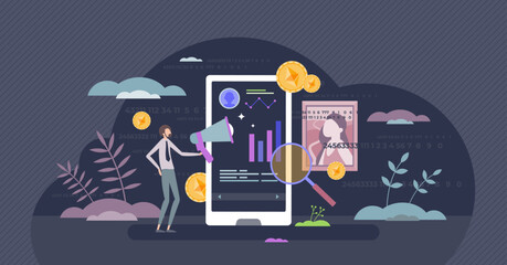 NFT marketing as non fungible token payment for art tiny person concept. Digital investment with blockchain financial assets vector illustration. Trade virtual painting with modern cryptocurrency.