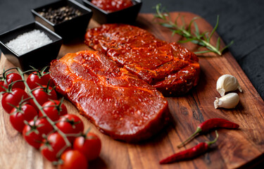 marinated raw pork steaks on stone background