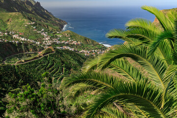 Fototapeta na wymiar Panoramic view at the Azanos and Taganana from Mirador Risco Amogoje in Anaga Rural Park on Tenerife, Spain