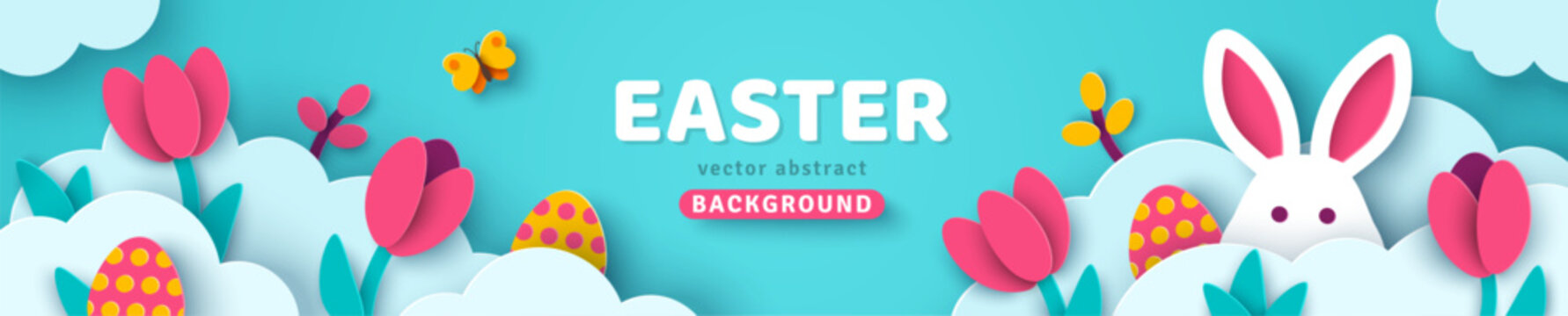 Happy Easter greeting card. Spring sale header voucher template, tulips and paper cut clouds, bunny rabbit and hidden eggs. Horizontal banner, border frame, promo card. Place for text.