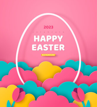 Happy Easter border. Beautiful paper cut clouds with flowers, white egg shape frame on pink background. Vector illustration. Place for text. Holiday banner, poster, brochure design template layout.