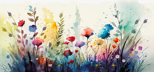 generative ai illustration of a beautiful watercolor summer meadow in banner size