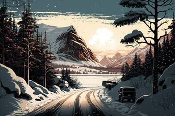 illustration, frozen norway winter road, ai generative