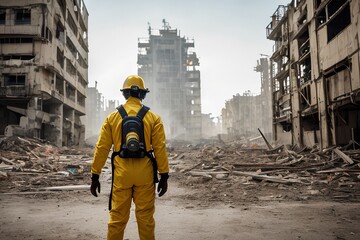 AI Surviving amidst Ruins: Capturing the Resilience of a Man in Radiation Suit post-Nuclear Attack