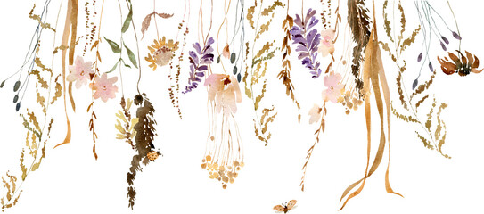Wildflowers, herbs boho border painted in watercolor. Subtle, delicate, wild flowers. Dried pampas grass floral bouquet. Botanical boho elements isolated on white. Wedding invitation, greeting card © TanyaOak