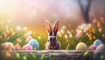 Fototapeta na wymiar Easter scene. Rabbit ears and easter eggs among the flower field. Based on Generative AI