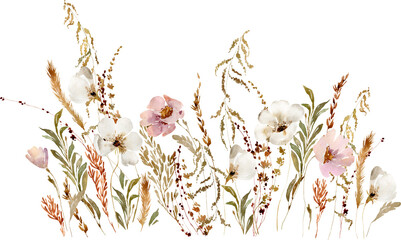 Watercolor beige wildflowers boho frame. Dried herbs, grass floral border, elegant arrangement. Botanical boho elements isolated on white. Wedding invitation, greeting, card, printing, design