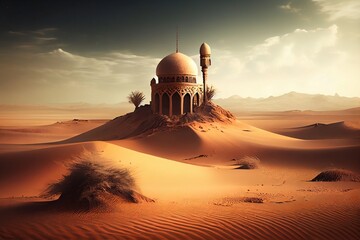 Mosque sun and sand mountain, Muslim Mosque in desert illustration, Mosque in the desert background, generative ai, AI