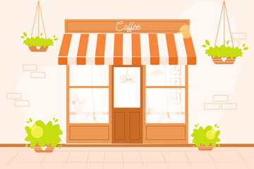 Cozy coffee shop exterior. Street cafe or coffeehouse outside. Vector illustration in flat cartoon style