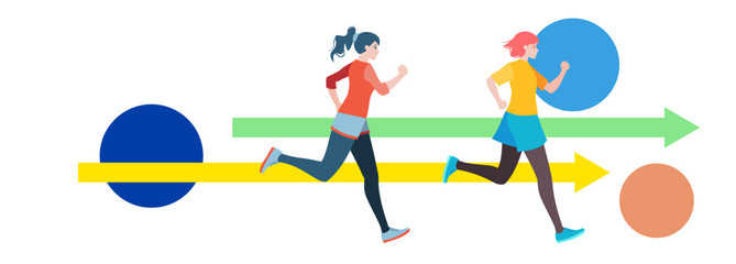 走る女性　二人　矢印　ポジティブ