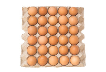 Top view of eggs in open carton or paper tray isolated on white background with clipping path in png file format