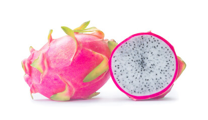 Beautiful fresh red dragon fruit with half or slice isolated on white background with clipping path and shadow in png file format