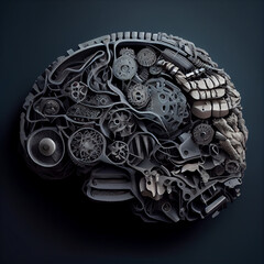 Human brain made from spare car parts, gears, bolts, etc.