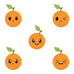 Vector illustration of orange flat character isolated on white background. Fruit cartoon set with kawaii smiling emoji. Flat design