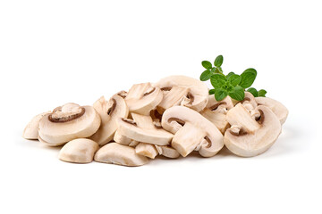 Sliced Champignons, close-up, isolated on white background.
