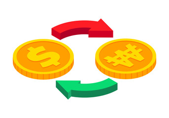 Isometric money exchange icon. Dollar to Won cash exchange. Gold coins with circle arrows sign. 3d Cash, currency transfer, money conversion, banking concept. Vector currency exchange symbol