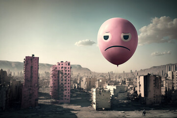 Sad Pink Balloon Flying In The City, A Large Helium Pink Sad Balloon Flying Through The City, A Symbol Of Love But As A Sad Smiley Face, Sadness Is In The Air, Generative Ai