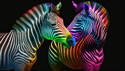 Zwei Zebras im Farbmix der Regenbogenflagge der LGBT-Bewegung (Lesbian, Gay, Bisexual and Transgender) beschnuppern sich (Generative AI)