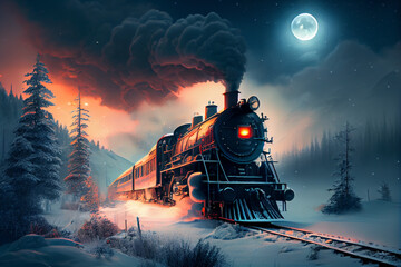 A locomotive with clouds of smoke rushes through the evening winter forest. - obrazy, fototapety, plakaty
