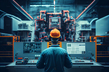 View of a worker at a high-tech factory. The worker controls automated processes using digital monitors.