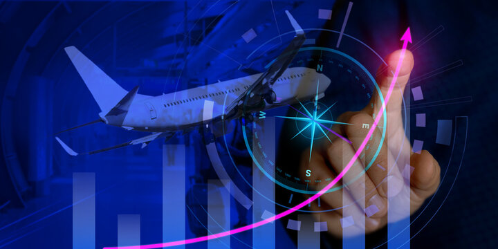 Double exposure of human hand, upward graphs of airport traffic and airplane traffic. Flow optimization concept, traffic augmentation, data accounting. - Powered by Adobe