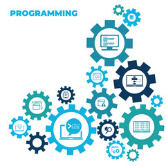 software engineering or programming vector illustration. Blue concept related to html coding, beta testing an application, software design and development process, implementation and verification.