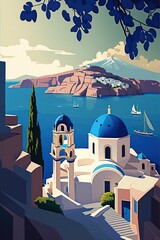 cartoon illustration, santorini greece, aegean sea, ai generative - obrazy, fototapety, plakaty