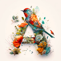 letter A, floral, birds, generative AI
