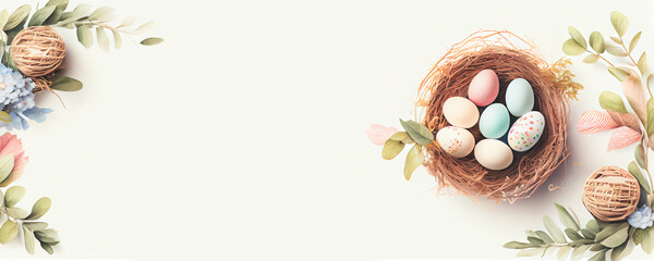 Easter poster and banner template with Easter eggs in the nest on white background with a copy of the place for the text.