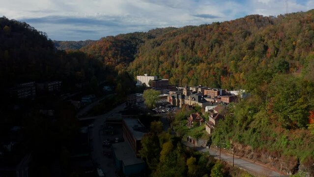 Welch, West Virginia - aerial wide shot of town in Appalachian mountains