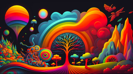 digital illustration of the tree of life in a psychedelic landscape, created with generative ai