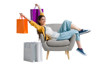 Cheerful shopaholic woman with shopping bags