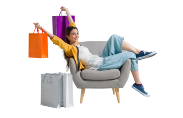 Cheerful shopaholic woman with shopping bags