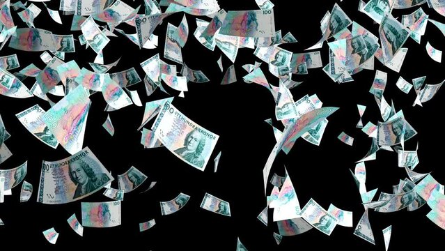 Money rain. SEK paper money banknotes falling down. Swedish Krona money bills