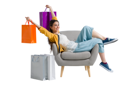 Cheerful shopaholic woman with shopping bags