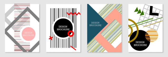 Set of cover design in Memphis style. Geometric design, abstract background. Fashionable bright cover, banner, poster, booklet. Creative colors.