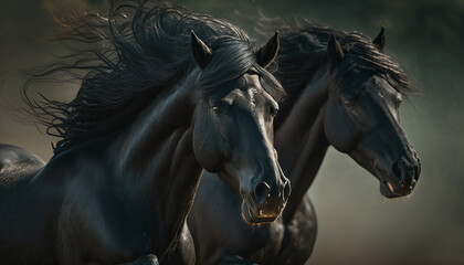 2 majestic dark horses running, clean sharp focus, national geographic, higly detailed fur, soft shadows, shutter speed 1-60, f-stop 1.8, blurry green background, professional color grading.
