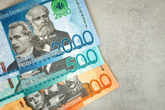Dominican currency, pesos banknotes, close up, copy space