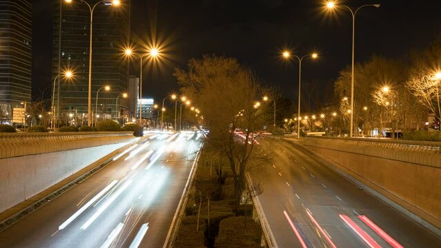 Timelapse of Madrid Paseo de la Castellana Skyline