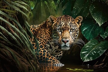 Obraz premium Jaguar in the jungle of the Amazon. Generative AI