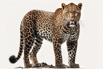 Obraz premium Panthera pardus, a picture of a leopard standing proudly and looking away, on a white background. Generative AI