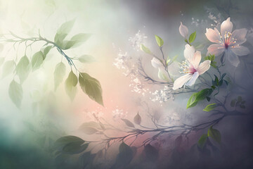 Soft Pastel Spring Background With Blossom Flowers And Leaves In Mist And Dew, Soft Pastel Spring Background With Fresh, Blossom Flowers And Leaves In Mist, Smoke And Spring Dew, , Generative Ai